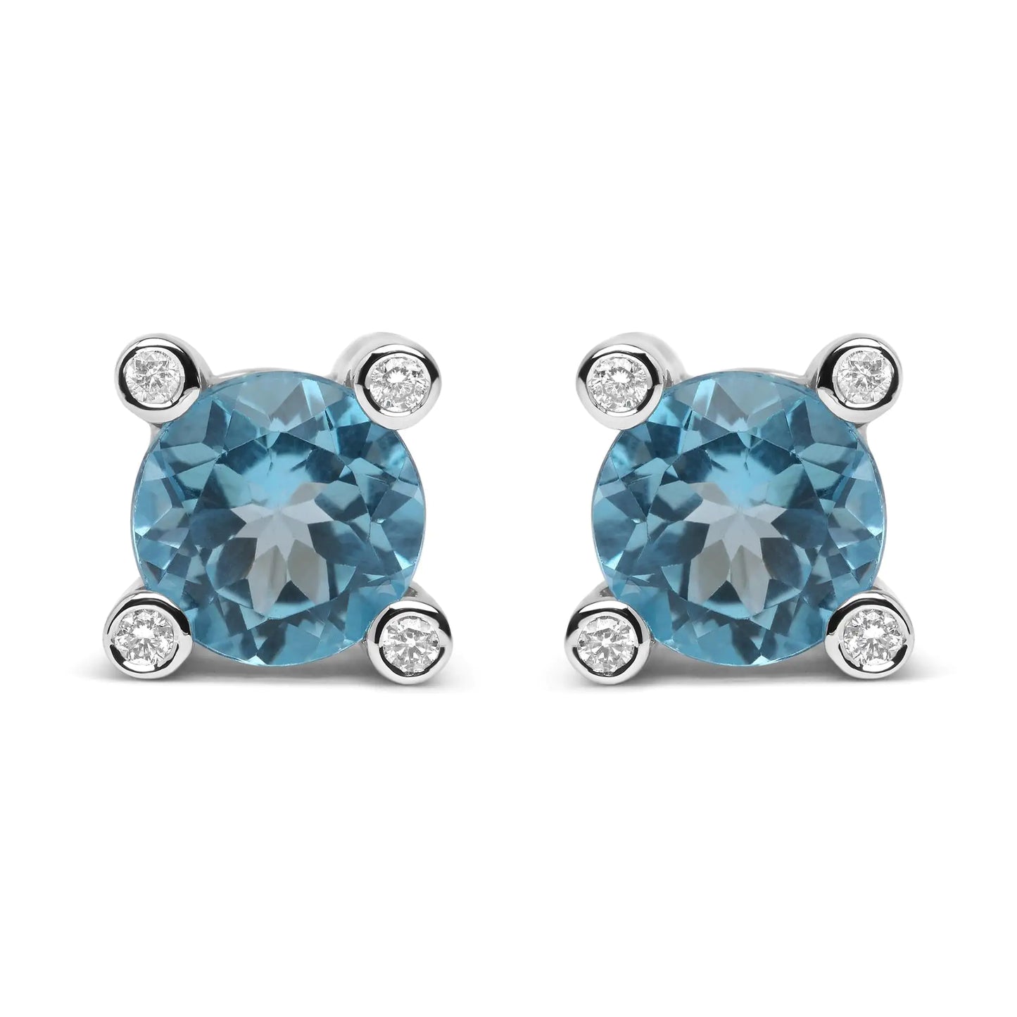18K White Gold 1/10 Cttw Round Bezel Diamond and 10x10mm Round Sky Blue Topaz Gemstone Stud Earrings (G-H Color, I1-I2 Clarity) - Elegant Emulations