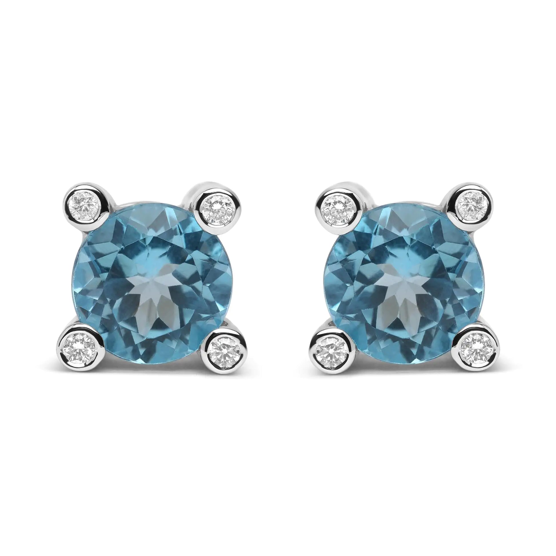 18K White Gold 1/10 Cttw Round Bezel Diamond and 10x10mm Round Sky Blue Topaz Gemstone Stud Earrings (G-H Color, I1-I2 Clarity) - Elegant Emulations