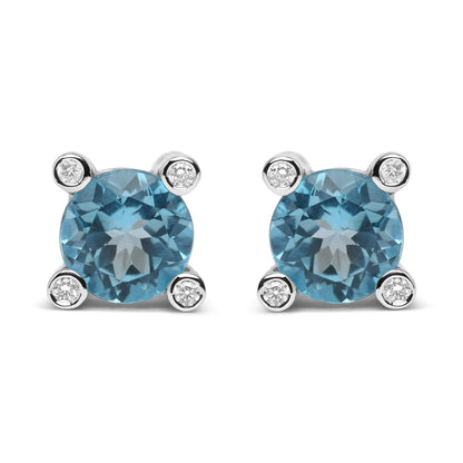 18K White Gold 1/10 Cttw Round Bezel Diamond and 10x10mm Round Sky Blue Topaz Gemstone Stud Earrings (G-H Color, I1-I2 Clarity) - Elegant Emulations