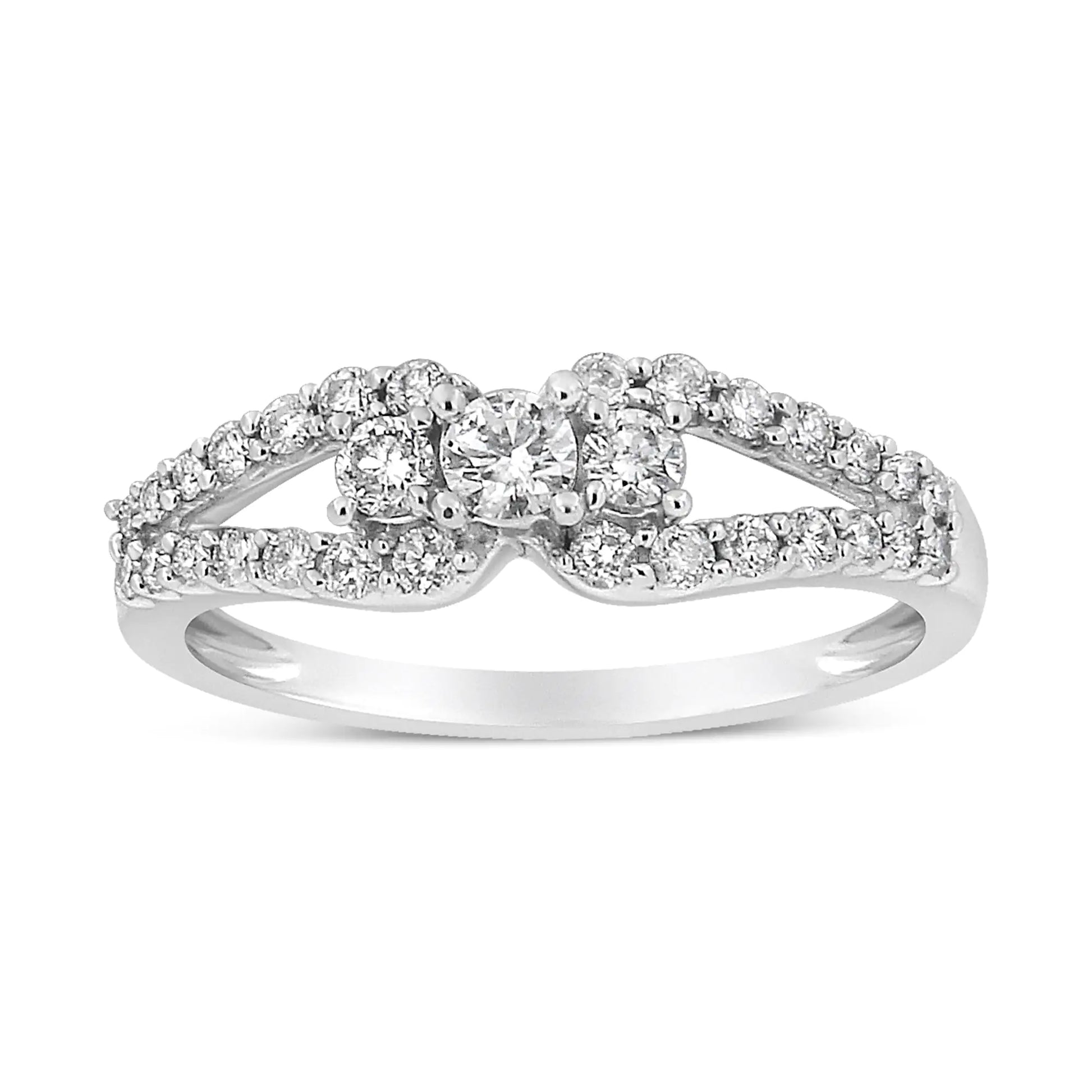 10K White Gold 1/2 Cttw Round Cut Diamond Three Stone Split Shank Band Ring (H-I Color, SI1-SI2 Clarity) - Elegant Emulations