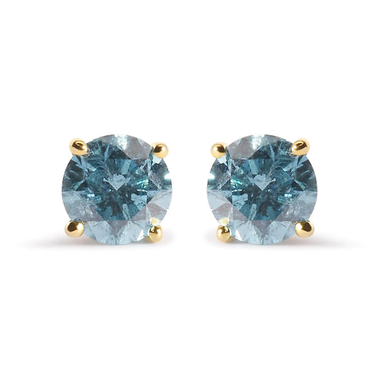 14K Yellow Gold 1.0 Cttw Treated Aqua Blue Diamond Classic Solitaire Stud Earrings (Aqua Blue Color, I2-I3 Clarity) - Elegant Emulations