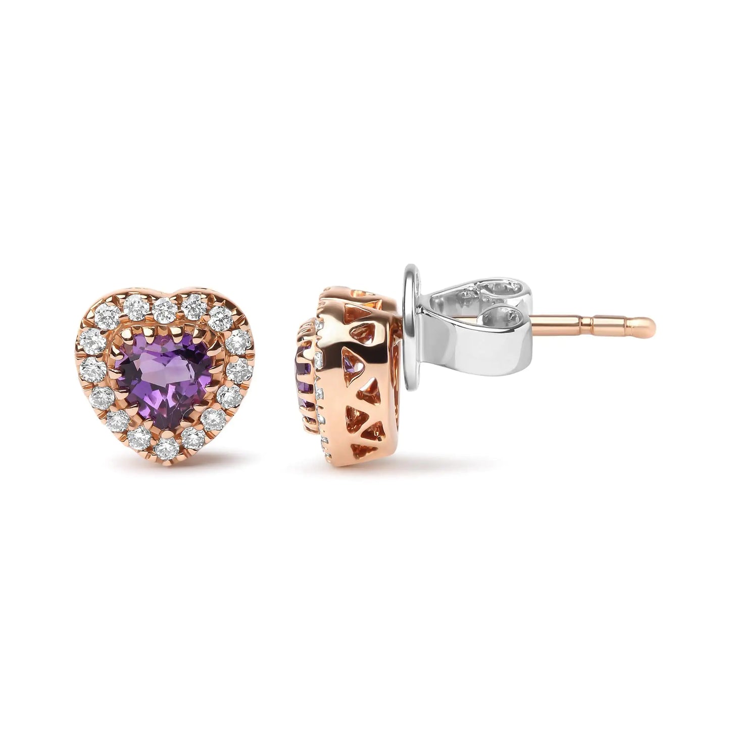 18K Dual-Tone Gold Amethyst Heart Halo Studs 1/6 Cttw Diamonds