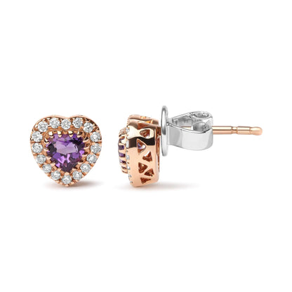 18K Dual-Tone Gold Amethyst Heart Halo Studs 1/6 Cttw Diamonds