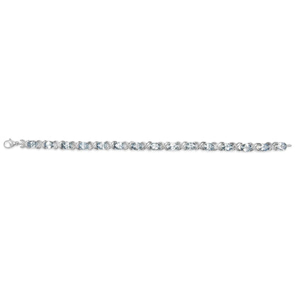 .925 Sterling Silver 16.0 Cttw Oval Blue Topaz and Diamond Accent Tennis X Link Bracelet (I-J Color, I1-I2 Clarity) - Size 7" Inch