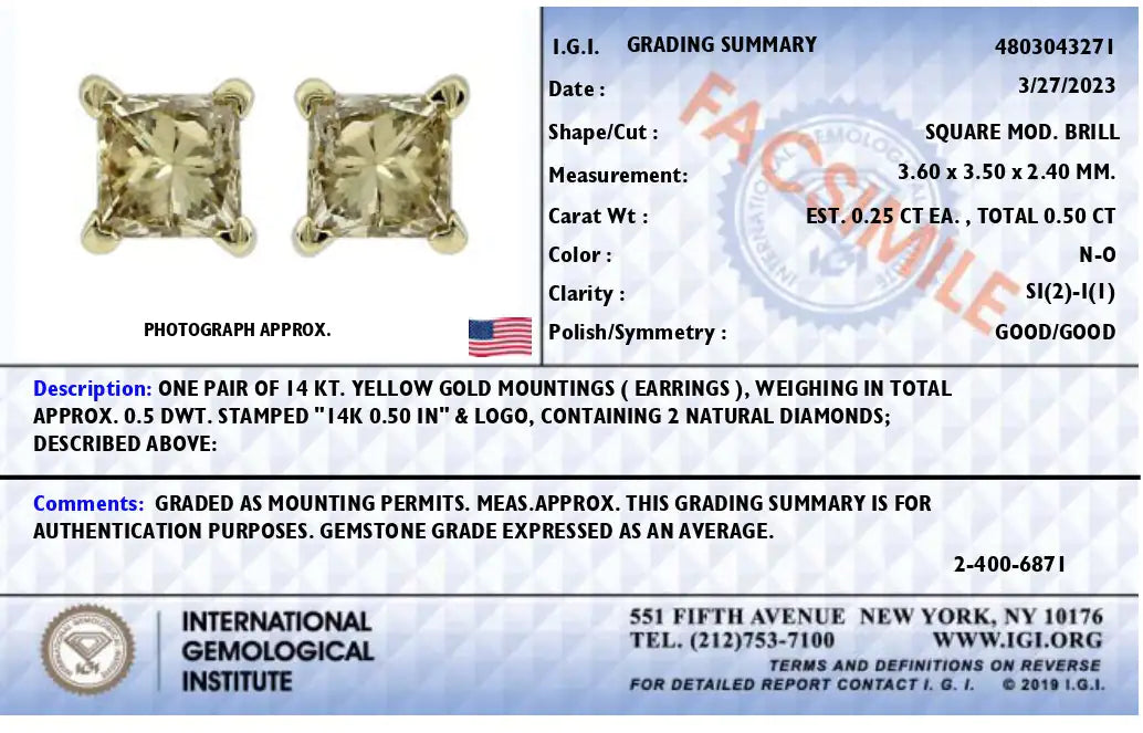 AGS Certified Princess-Cut Square Diamond 4-Prong Solitaire Stud Earrings in 14K Gold (N-O Color, SI2-I1 Clarity) - Elegant Emulations
