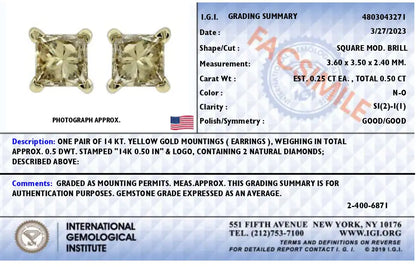 AGS Certified Princess-Cut Square Diamond 4-Prong Solitaire Stud Earrings in 14K Gold (N-O Color, SI2-I1 Clarity) - Elegant Emulations