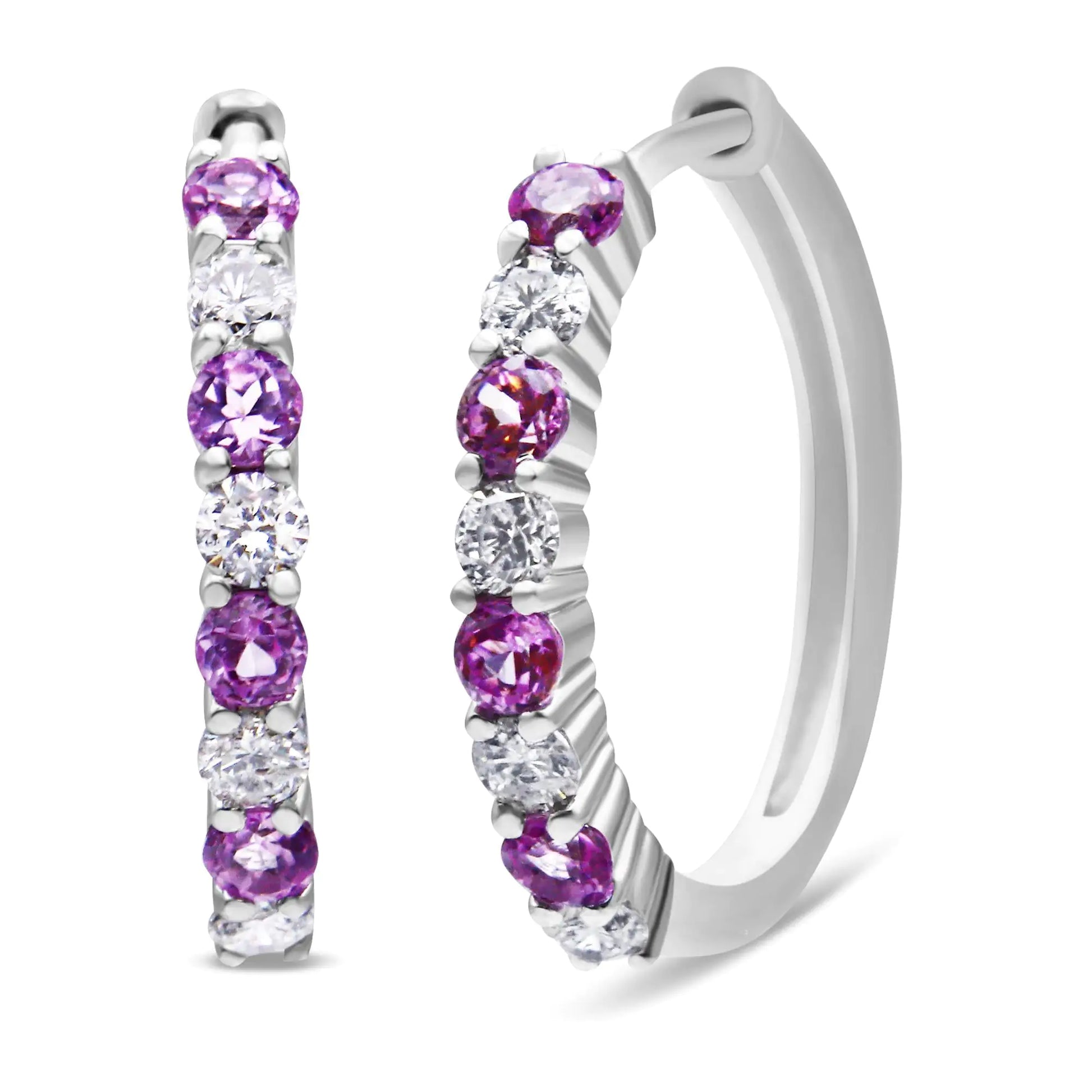 10K White Gold 2.5MM Sapphire Gemstone and 1/2 Cttw Diamond Hoop Earrings (H-I Color, I1-I2 Clarity) - Elegant Emulations