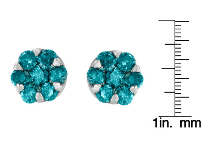 14K White Gold Round Cut Blue Diamond Earrings (1.00 cttw, Blue Color) - Elegant Emulations