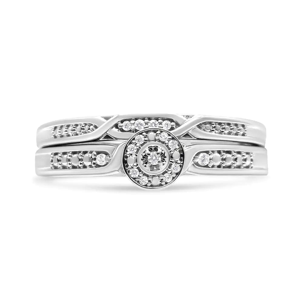 .925 Sterling Silver Diamond Accent Frame Twist Shank Bridal Set Ring and Band (I-J Color, I3 Clarity) - Elegant Emulations