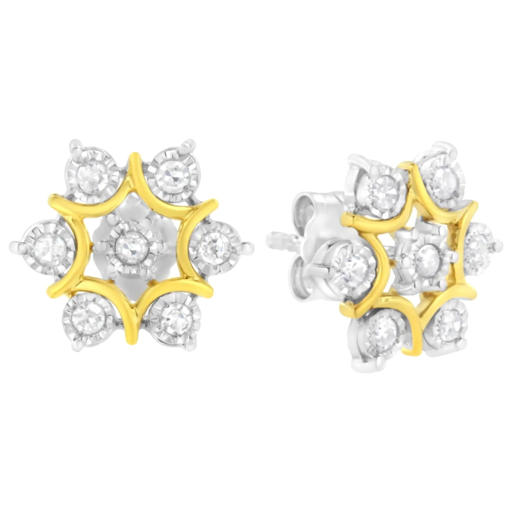 10K Yellow Gold Plated .925 Sterling Silver 1/4 Cttw Miracle Set Round-Cut Diamond Floral Earring (I-J Color, I2-I3 Clarity) - Elegant Emulations