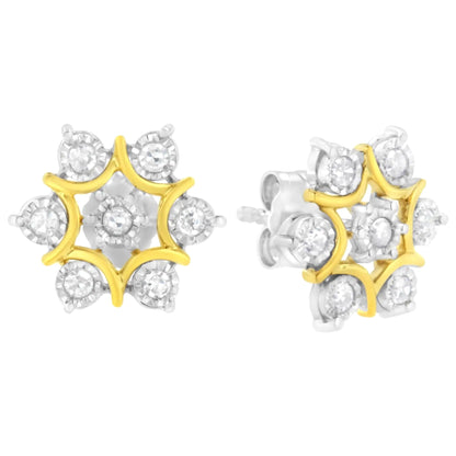 10K Yellow Gold Plated .925 Sterling Silver 1/4 Cttw Miracle Set Round-Cut Diamond Floral Earring (I-J Color, I2-I3 Clarity) - Elegant Emulations