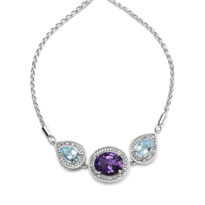 .925 Sterling Silver Oval Amethyst and Pear Blue Topaz with Diamond Accent Lariat 4”-10” Adjustable Bolo Bracelet (H-I Color, SI1-SI2 Clarity) - Elegant Emulations