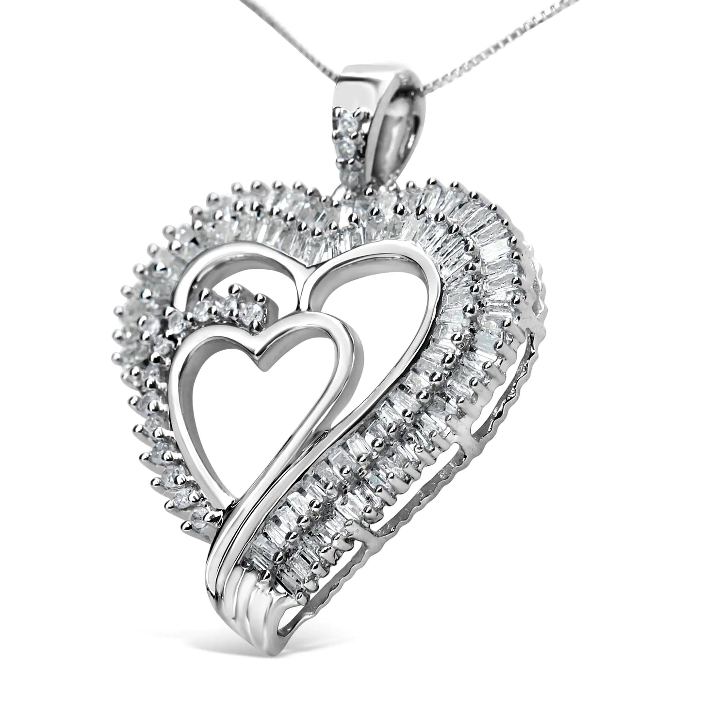 .925 Sterling Silver Double Heart Diamond Pendant Necklace