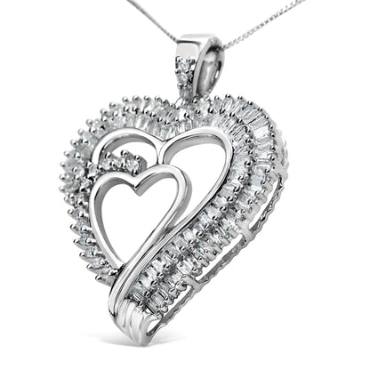 .925 Sterling Silver Double Heart Diamond Pendant Necklace