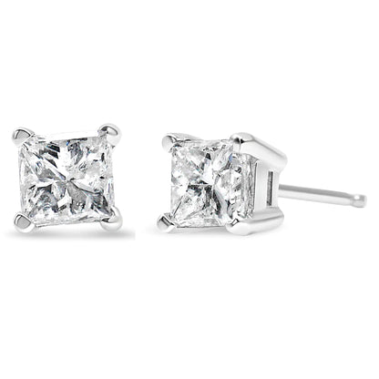 14K White Gold 3/8 Cttw Princess-Cut Square Diamond Classic 4-Prong Solitaire Stud Earrings(H-I, I1-I2) - Elegant Emulations
