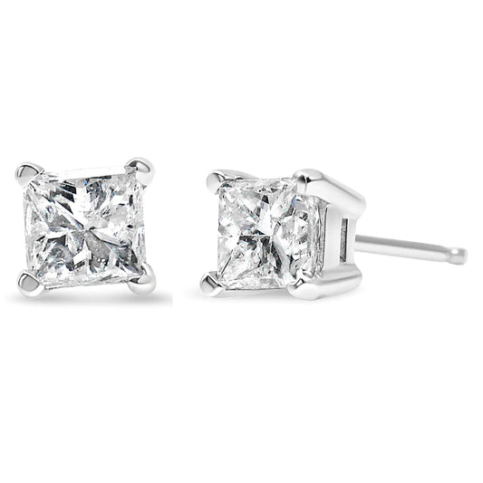 14K White Gold 3/8 Cttw Princess-Cut Square Diamond Classic 4-Prong Solitaire Stud Earrings(H-I, I1-I2) - Elegant Emulations