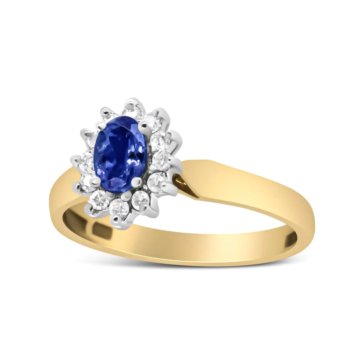 14K Yellow Gold 1/5 Cttw Round Diamond and 6x4mm Oval Blue Tanzanite Halo Ring (H-I Color, I1-I2 Clarity) - Elegant Emulations