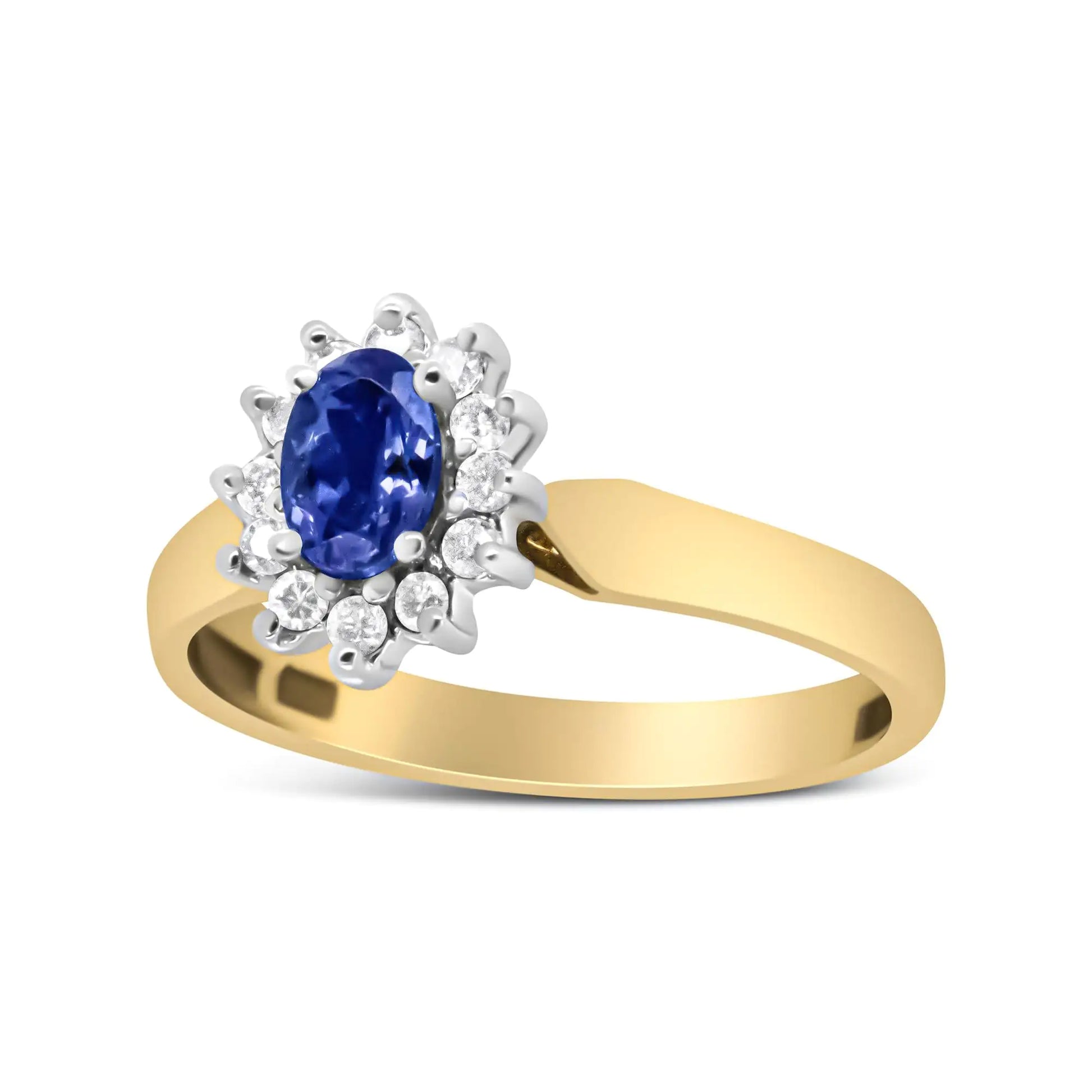 14K Yellow Gold 1/5 Cttw Round Diamond and 6x4mm Oval Blue Tanzanite Halo Ring (H-I Color, I1-I2 Clarity) - Elegant Emulations