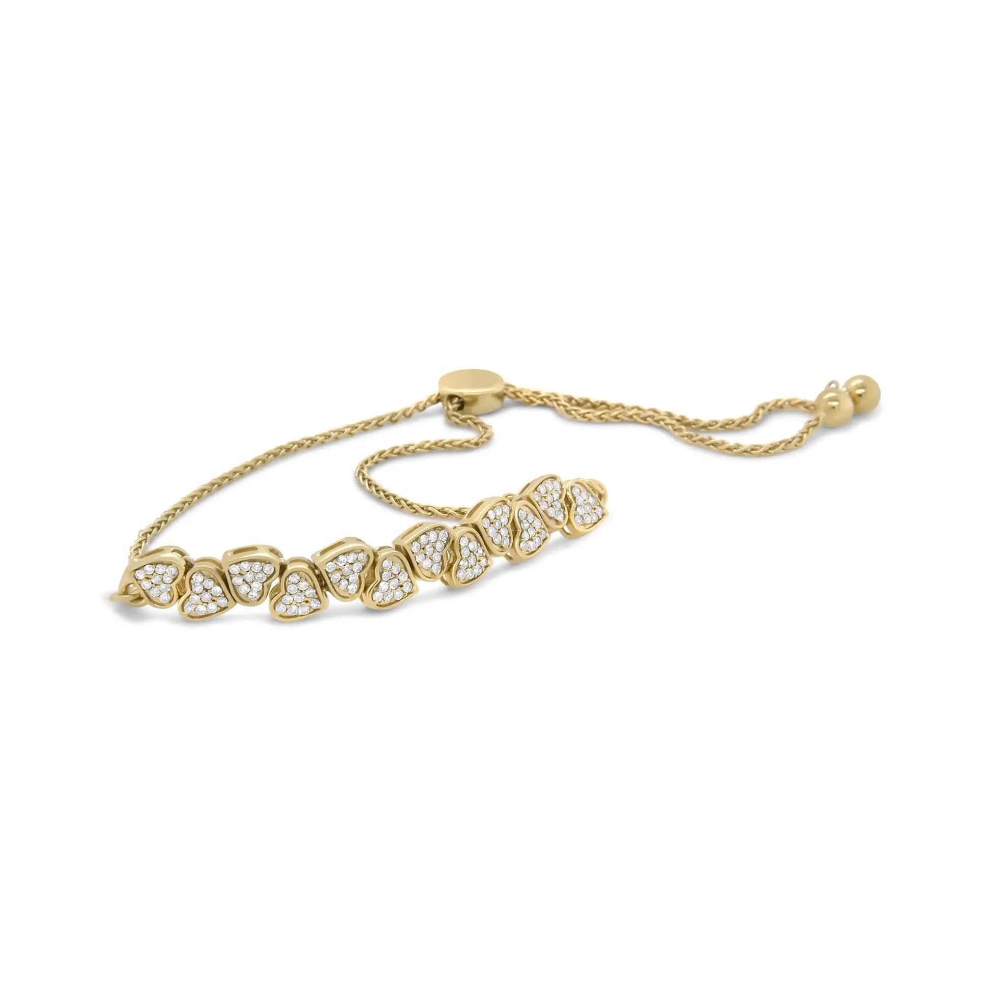 Yellow Gold Plated .925 Sterling Silver 1/2 Cttw Diamond Sideways Hearts Bolo Bracelet (H-I Color, I1-I2 Clarity) - 4”-10” Adjustable - Elegant Emulations
