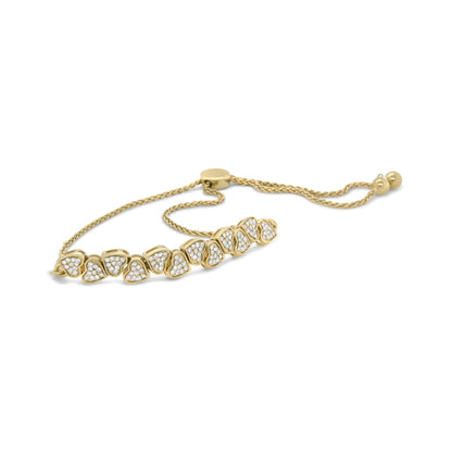 Yellow Gold Plated .925 Sterling Silver 1/2 Cttw Diamond Sideways Hearts Bolo Bracelet (H-I Color, I1-I2 Clarity) - 4”-10” Adjustable - Elegant Emulations