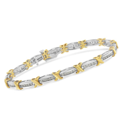 Two-Tone 10K Yellow Gold over .925 Sterling Silver 1.0 Cttw Diamond Channel Set Tapered & X-Link 7" Tennis Bracelet (H-I Color, I2-I3 Clarity) - Elegant Emulations