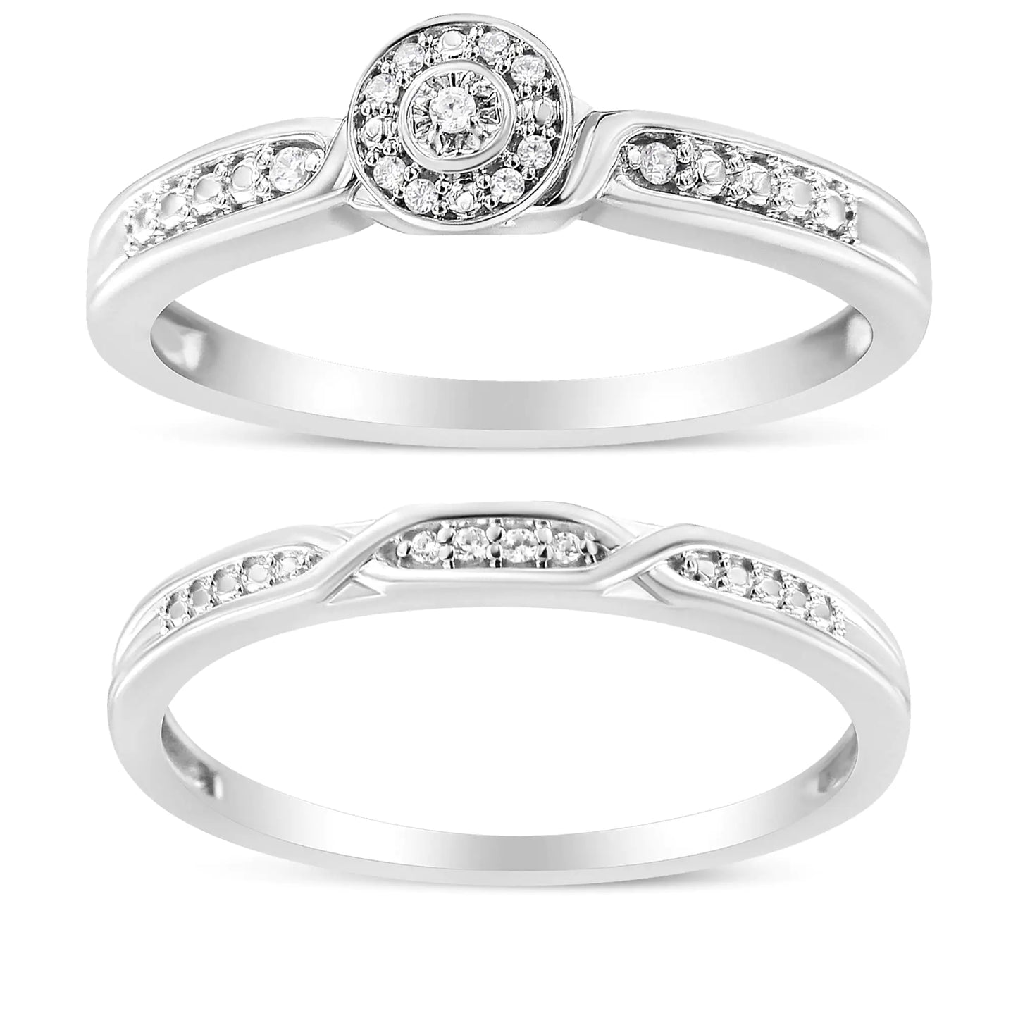 .925 Sterling Silver Diamond Accent Frame Twist Shank Bridal Set Ring and Band (I-J Color, I3 Clarity) - Elegant Emulations