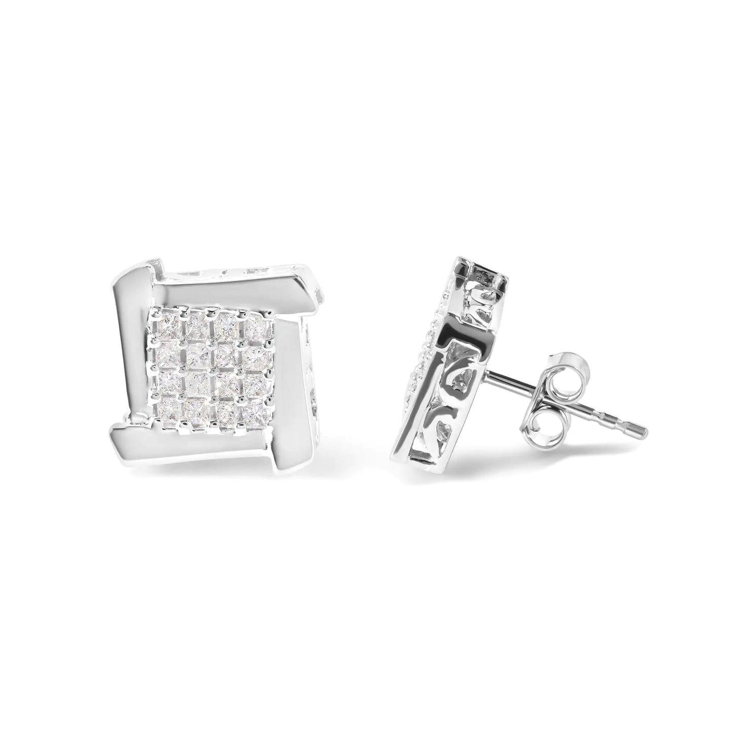 10K White Gold Swirl Princess Diamond Studs - 1/2 Cttw