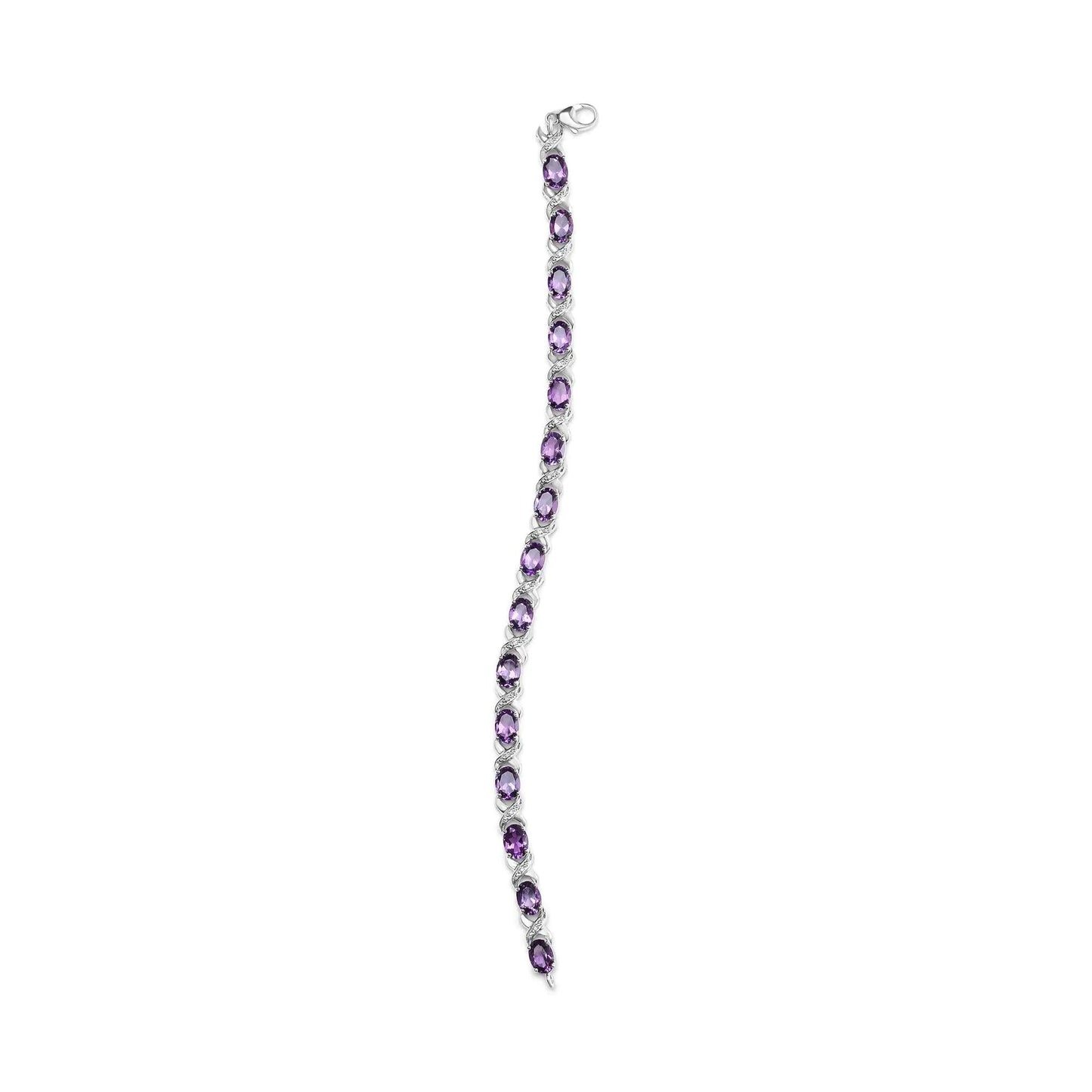 .925 Sterling Silver 7x5mm Oval Amethyst and Diamond Accent X-Link Bracelet (H-I Color, SI1-SI2 Clarity)  - Size 7"