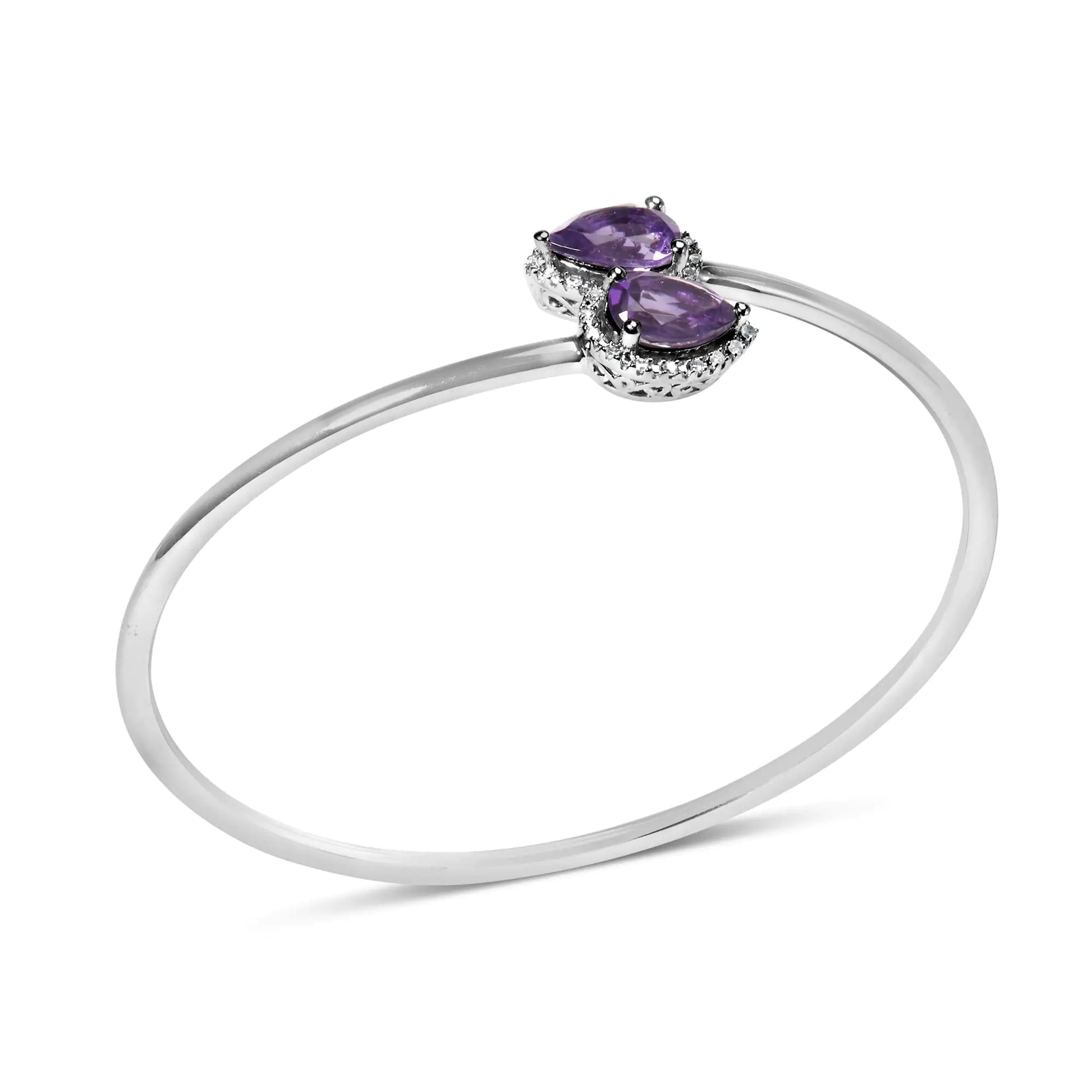 .925 Sterling Silver 8 x 5.5mm Pear Shape Amethyst and Diamond Accent Halo Bypass Bangle Bracelet (H-I Color, SI1-SI2 Clarity) - Fits up to 7" Inches - Elegant Emulations