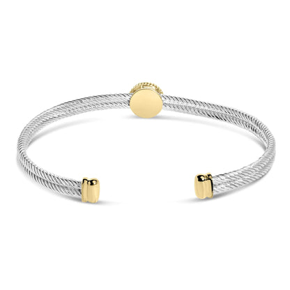 18K Yellow Gold Plated .925 Sterling Silver Diamond Accent and Fleur Di Lis Medallion Bangle Bracelet (I-J Color, SI1-SI2 Clarity) - 7.25 Inches - Elegant Emulations