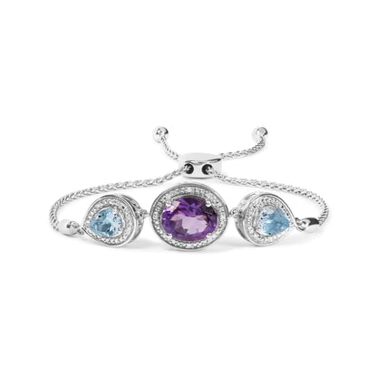 .925 Sterling Silver Oval Amethyst and Pear Blue Topaz with Diamond Accent Lariat 4”-10” Adjustable Bolo Bracelet (H-I Color, SI1-SI2 Clarity) - Elegant Emulations