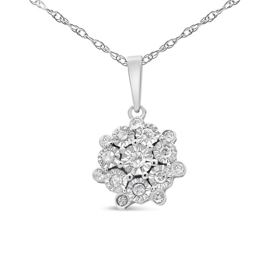 .925 Sterling Silver 1/4 Cttw Miracle Set Diamond Floral Cluster 18" Pendant Necklace for Women (I-J Color, I1-I2 Clarity) - Elegant Emulations
