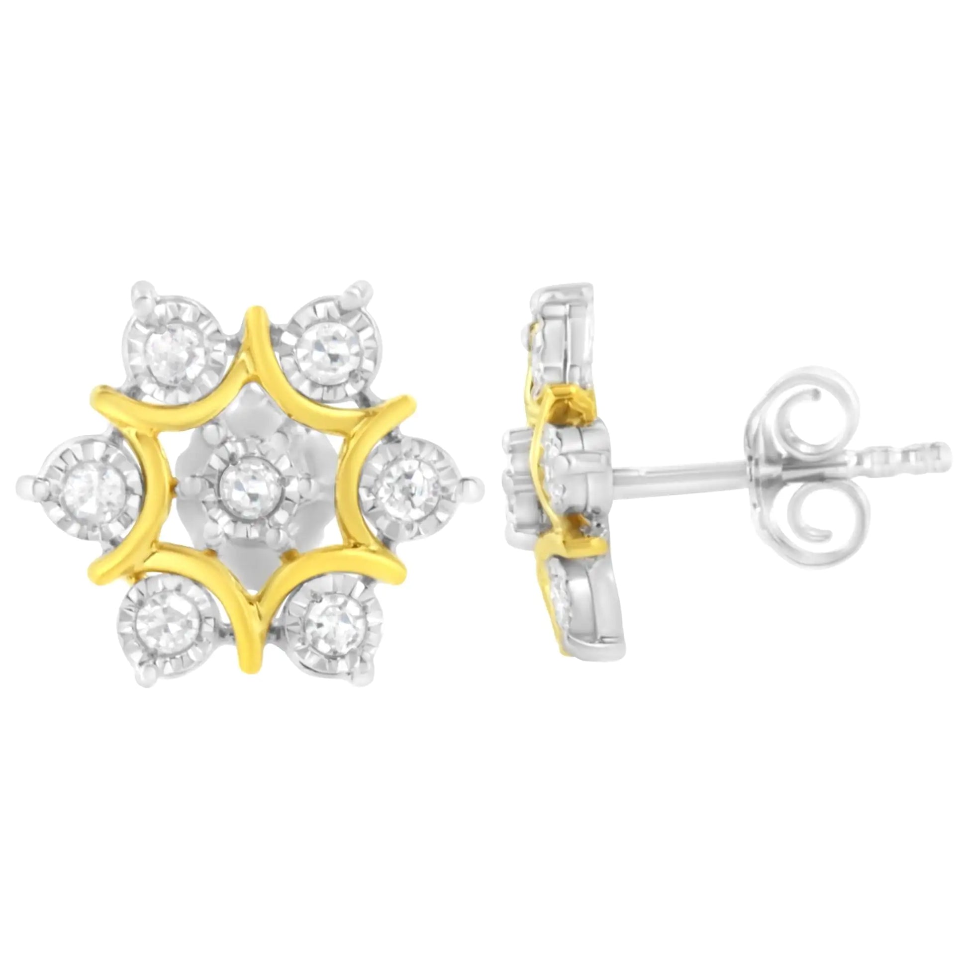 10K Yellow Gold Plated .925 Sterling Silver 1/4 Cttw Miracle Set Round-Cut Diamond Floral Earring (I-J Color, I2-I3 Clarity) - Elegant Emulations