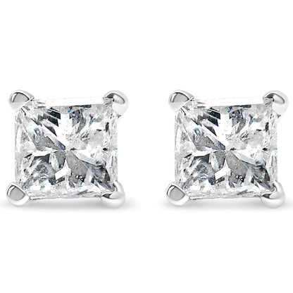 14K White Gold 3/8 Cttw Princess-Cut Square Diamond Classic 4-Prong Solitaire Stud Earrings(H-I, I1-I2) - Elegant Emulations