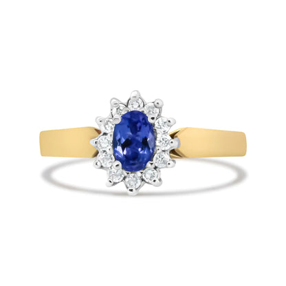 14K Yellow Gold 1/5 Cttw Round Diamond and 6x4mm Oval Blue Tanzanite Halo Ring (H-I Color, I1-I2 Clarity) - Elegant Emulations