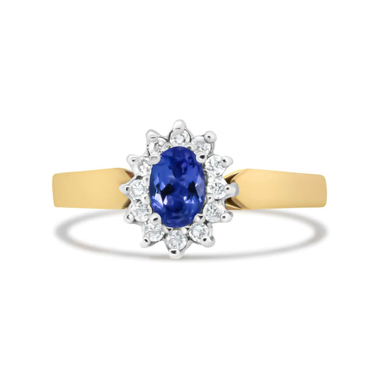 14K Yellow Gold 1/5 Cttw Round Diamond and 6x4mm Oval Blue Tanzanite Halo Ring (H-I Color, I1-I2 Clarity) - Elegant Emulations