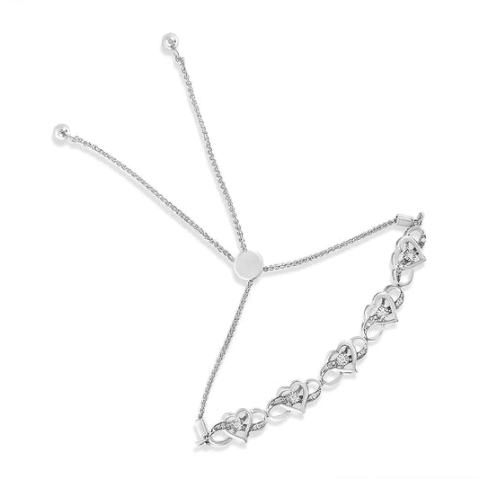 Sterling Silver Diamond Bolo Bracelet – Interlocking Hearts Design