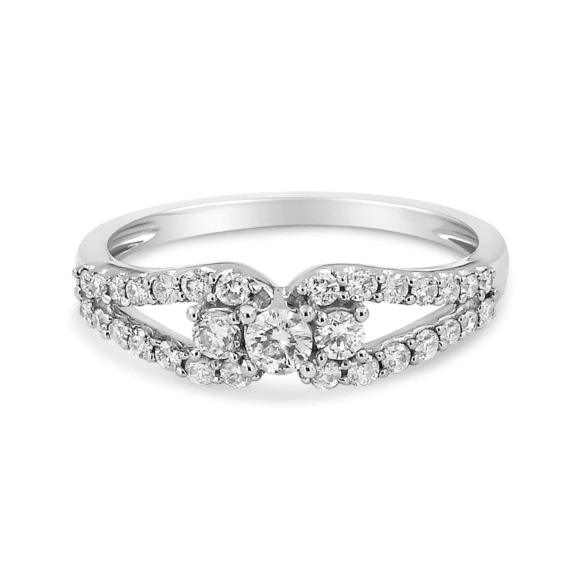 10K White Gold 1/2 Cttw Round Cut Diamond Three Stone Split Shank Band Ring (H-I Color, SI1-SI2 Clarity) - Elegant Emulations