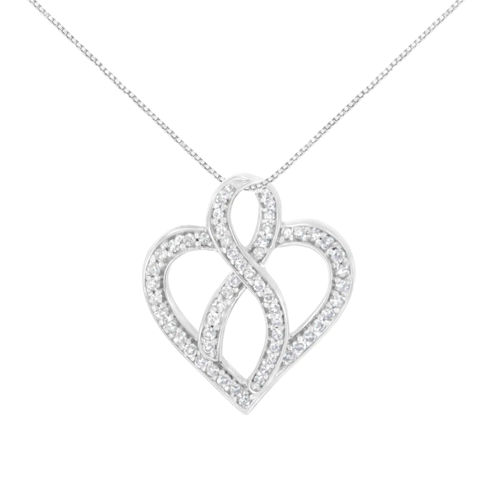 14K White Gold 1/4 cttw Round Cut Diamond Heart and Ribbon Center Pendant Necklace (H-I, I1-I2) - Elegant Emulations