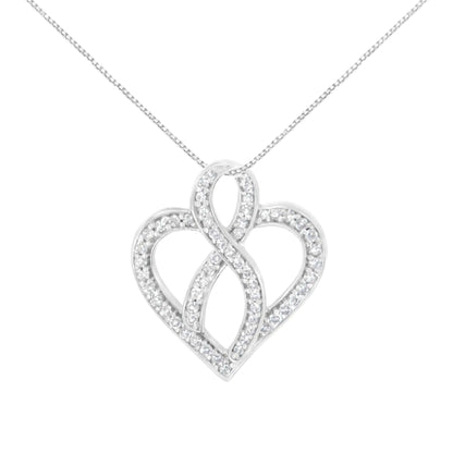 14K White Gold 1/4 cttw Round Cut Diamond Heart and Ribbon Center Pendant Necklace (H-I, I1-I2) - Elegant Emulations