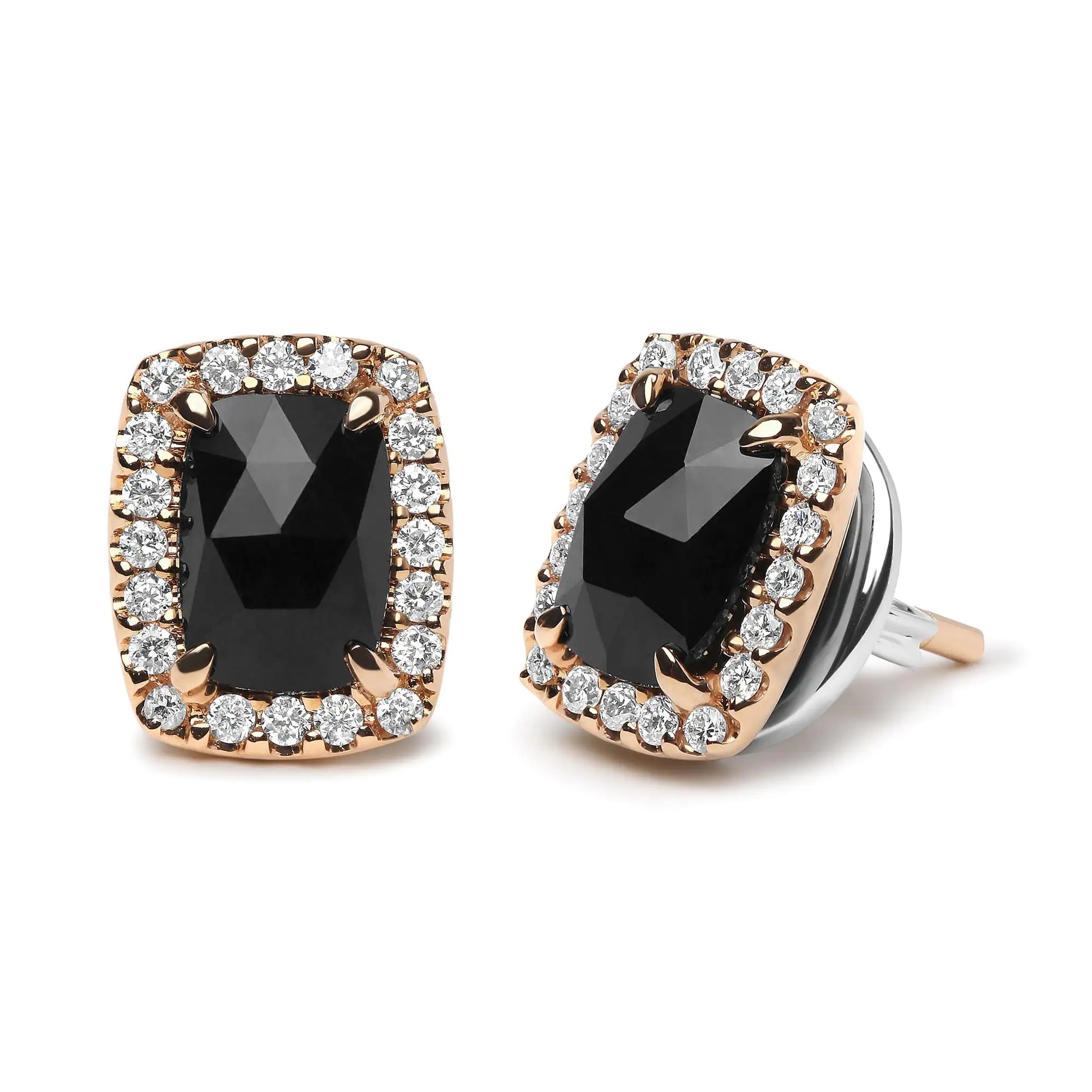 18K Rose and White Gold 1/4 Cttw Round Diamond and 8x6mm Cushion Cut Black Onyx Gemstone Halo Stud Earrings (G-H Color, SI1-SI2 Clarity) - Elegant Emulations