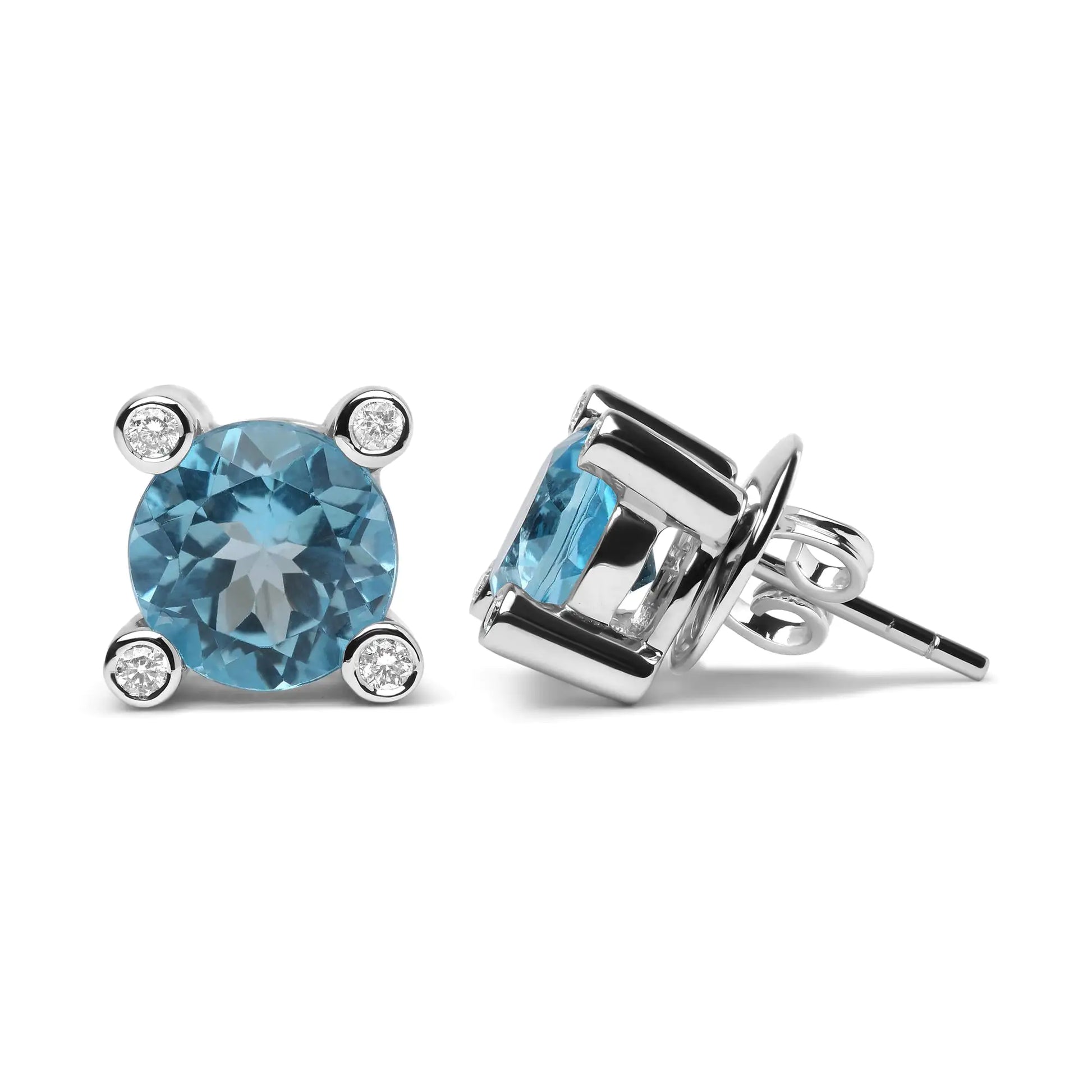 18K White Gold 1/10 Cttw Round Bezel Diamond and 10x10mm Round Sky Blue Topaz Gemstone Stud Earrings (G-H Color, I1-I2 Clarity) - Elegant Emulations