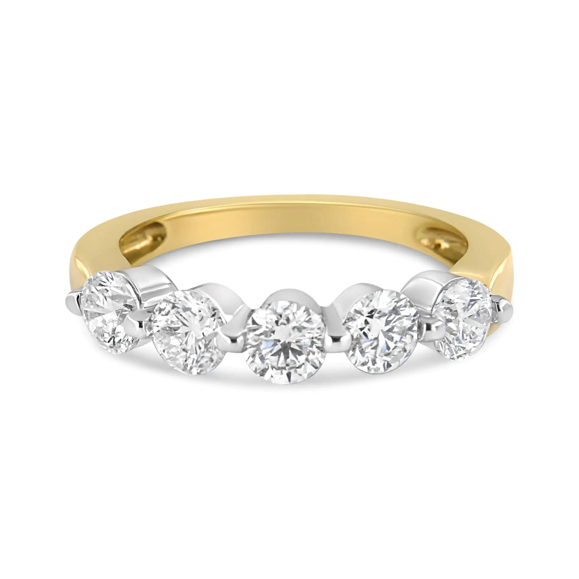 14K White and Yellow Gold 1 1/2 Cttw 2 Prong Cup Set Round-Cut Diamond 5 Stone Ring Band (H-I Color, SI2-I1 Clarity) - Elegant Emulations