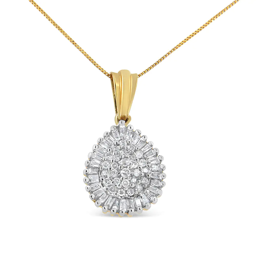 10K Gold 1/2 Cttw Round and Bagutte-Cut Diamond Teardrop 18" Pendant Necklace (J-K Color, I1-I2 Clarity) - Elegant Emulations