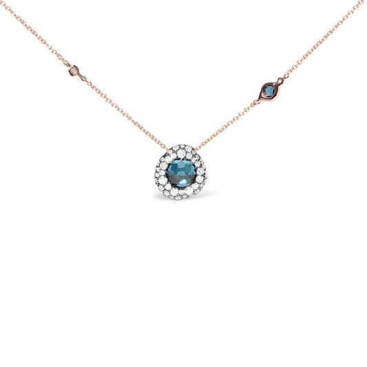 18K Rose Gold 5/8 Cttw Diamond and London Blue Topaz Gemstone Bezel-Set Cluster 18" Station Necklace (G-H Color, SI1-SI2 Clarity) - Adjustable up to 16" - 18" - Elegant Emulations