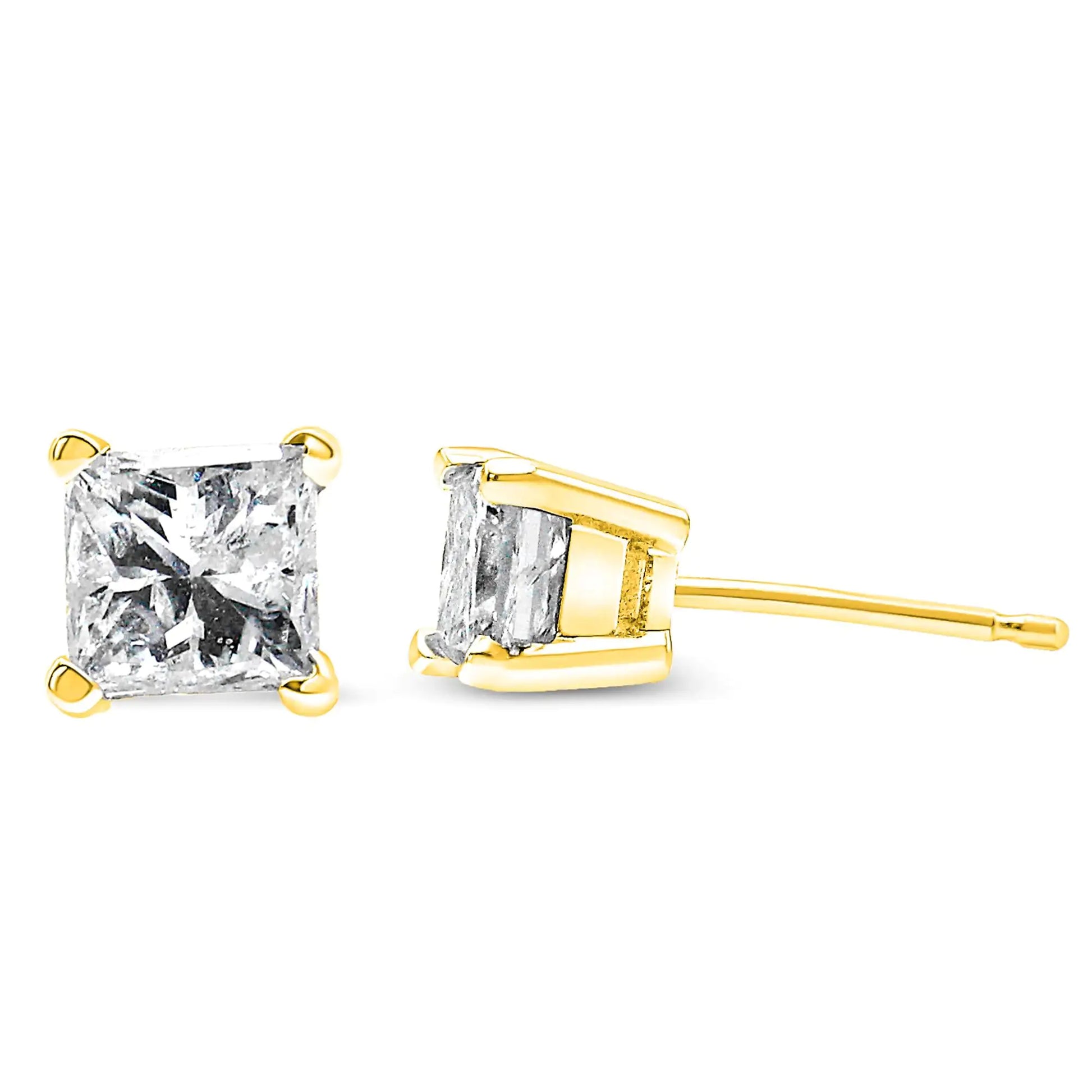 10K Yellow Gold 3/4 Cttw Princess-Cut Square Near Colorless Diamond Classic 4-Prong Solitaire Stud Earrings (J-K Color, I2-I3 Clarity) - Elegant Emulations