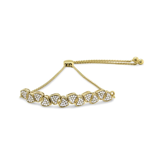 Yellow Gold Plated .925 Sterling Silver 1/2 Cttw Diamond Sideways Hearts Bolo Bracelet (H-I Color, I1-I2 Clarity) - 4”-10” Adjustable - Elegant Emulations