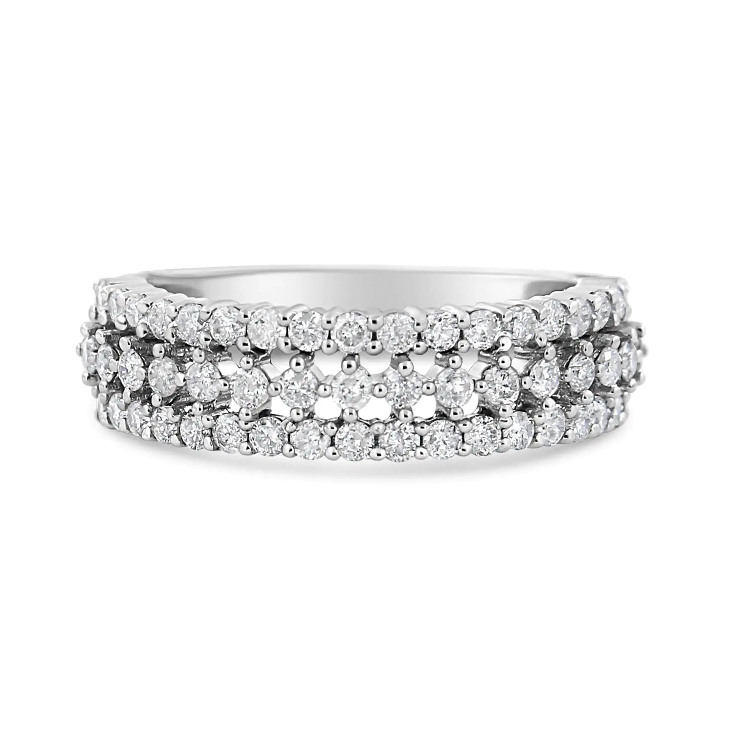 14K White Gold 1.0 Cttw Prong Set Round Diamond Split Shank Three Row Band Ring (H-I Color, I2-I3 Clarity) - Elegant Emulations