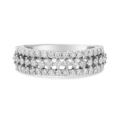 14K White Gold 1.0 Cttw Prong Set Round Diamond Split Shank Three Row Band Ring (H-I Color, I2-I3 Clarity) - Elegant Emulations