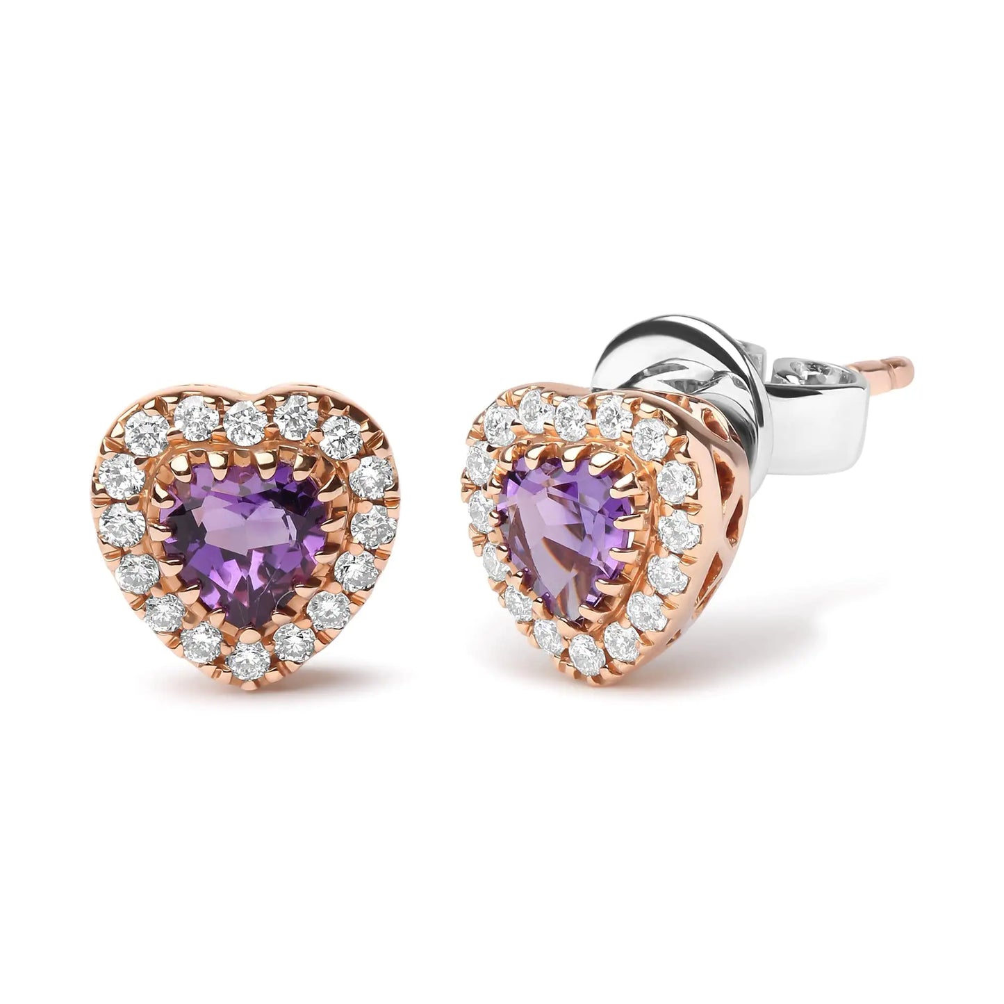 18K Dual-Tone Gold Amethyst Heart Halo Studs 1/6 Cttw Diamonds